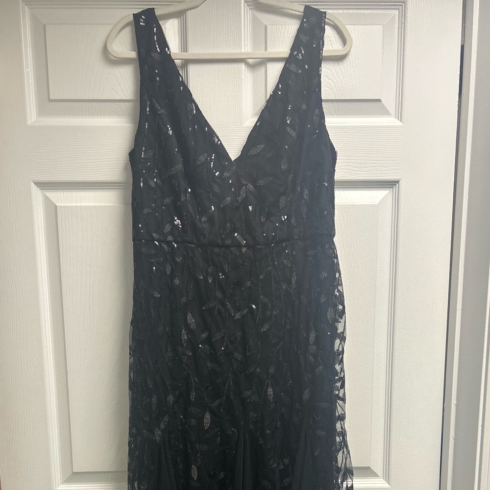 Every Pretty black sequin and tule formal gown with double v neck, size 14